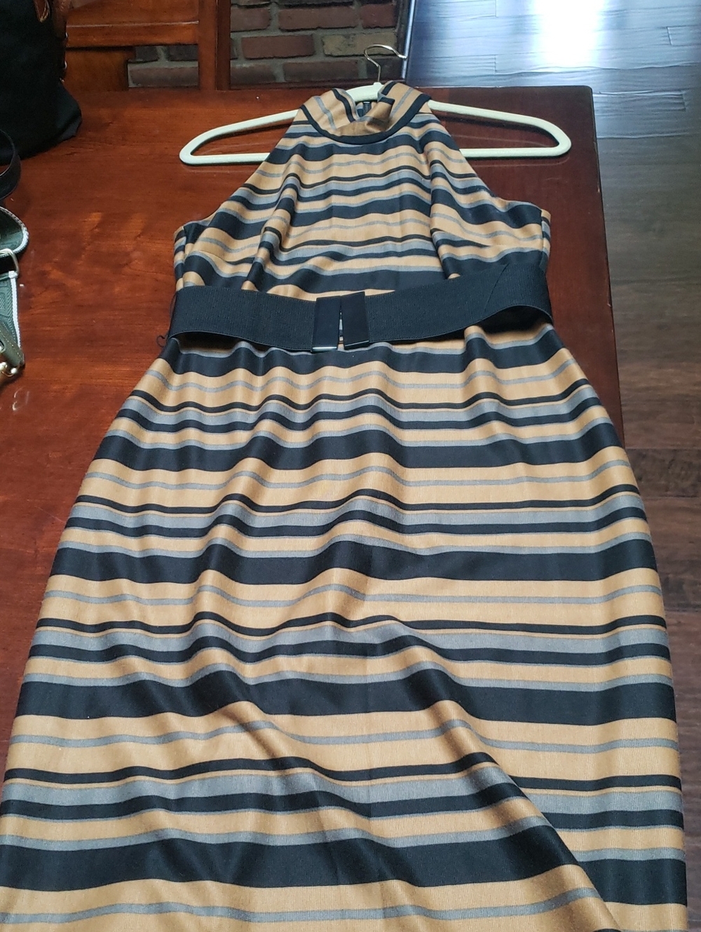 Bisou Bisou  Midi Dress in Black and Tan Stripes